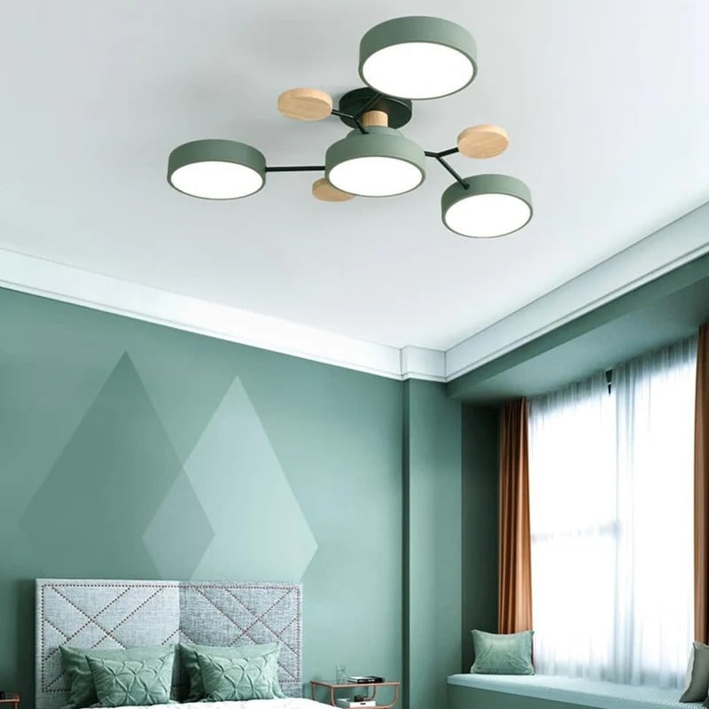 LED Semi Flush Ceiling Light Fixture with Modern Wood Accents for Kitchen Dining Room