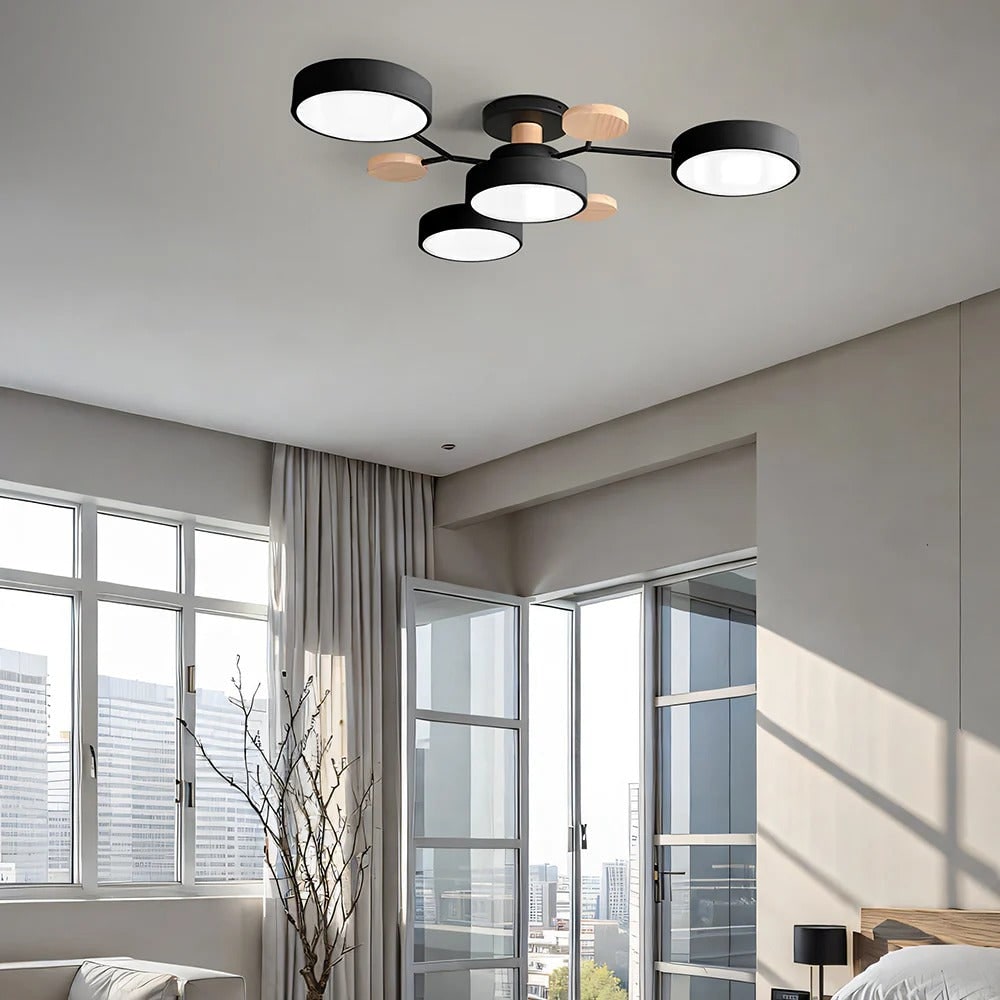 LED Semi Flush Ceiling Light Fixture with Modern Wood Accents for Kitchen Dining Room