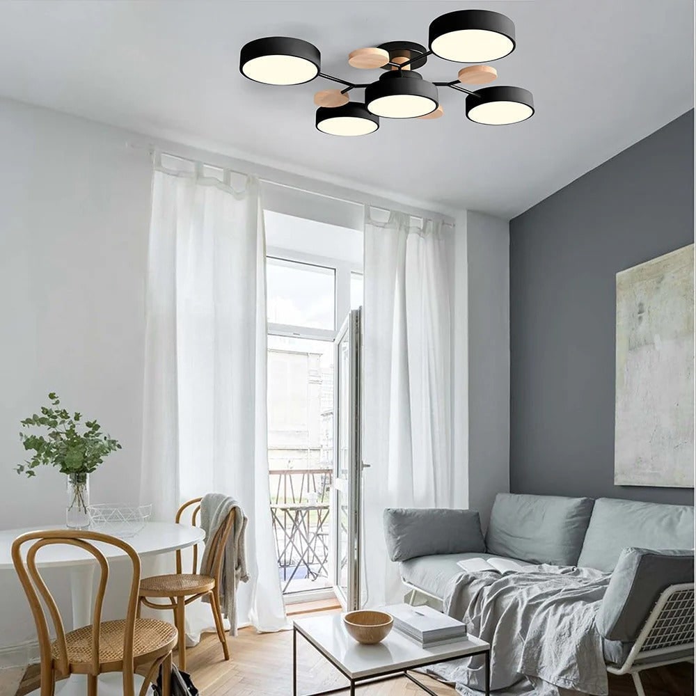 LED Semi Flush Ceiling Light Fixture with Modern Wood Accents for Kitchen Dining Room