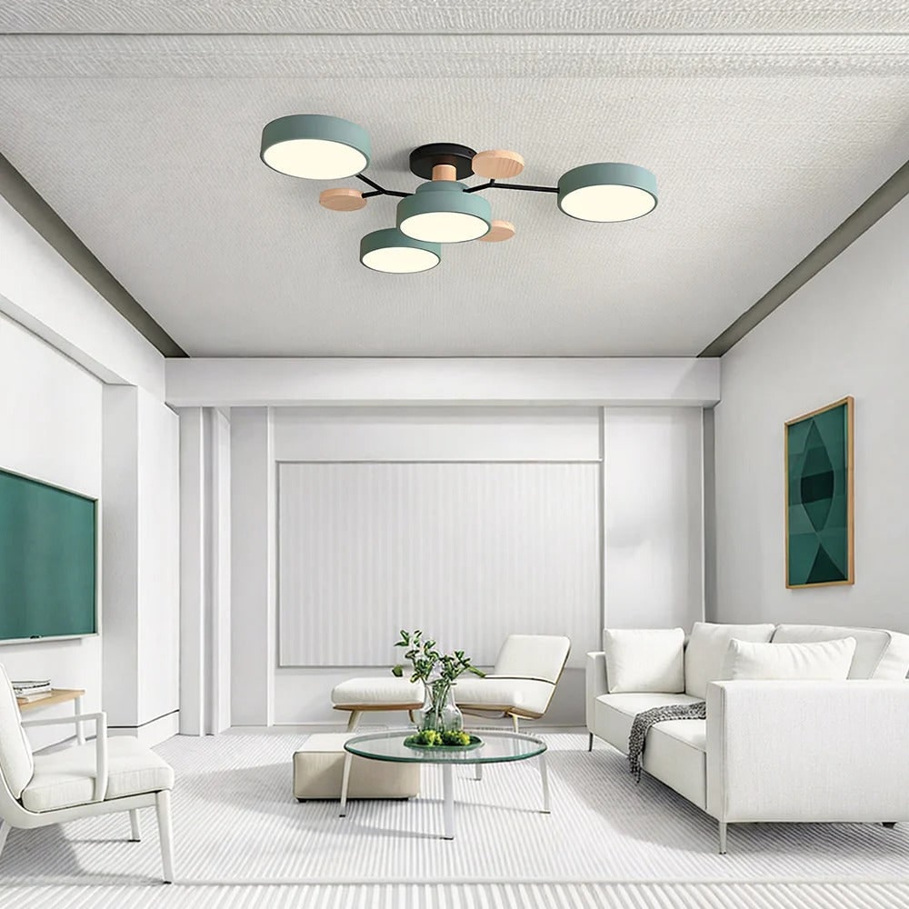 LED Semi Flush Ceiling Light Fixture with Modern Wood Accents for Kitchen Dining Room