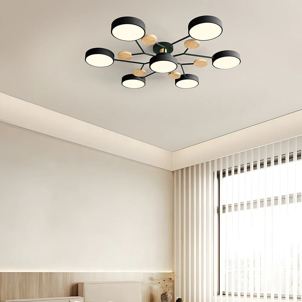 LED Semi Flush Ceiling Light Fixture with Modern Wood Accents for Kitchen Dining Room