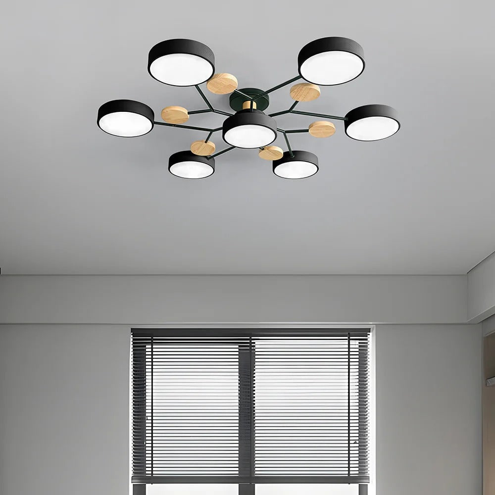 LED Semi Flush Ceiling Light Fixture with Modern Wood Accents for Kitchen Dining Room