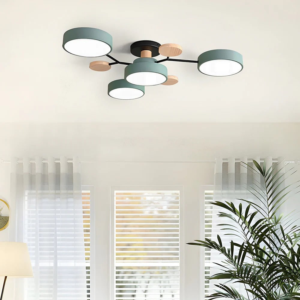 LED Semi Flush Ceiling Light Fixture with Modern Wood Accents for Kitchen Dining Room