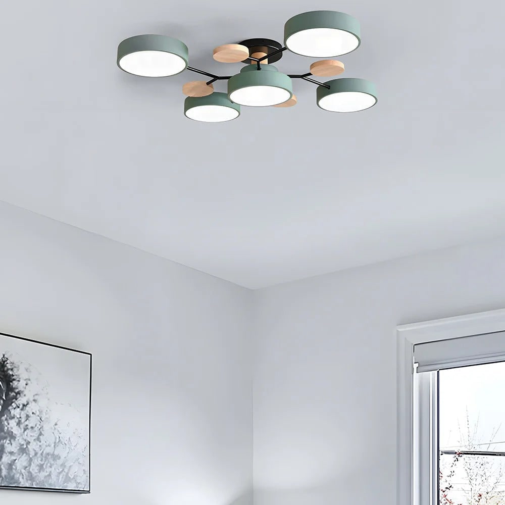 LED Semi Flush Ceiling Light Fixture with Modern Wood Accents for Kitchen Dining Room