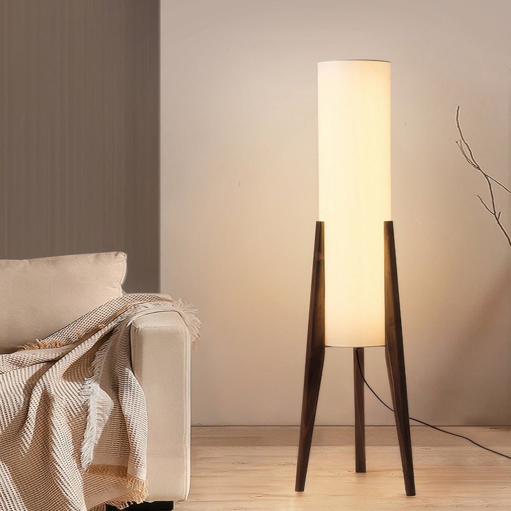 LED Tall Floor Lamp with Wooden Tripod and Cylindrical Fabric Shade With Table