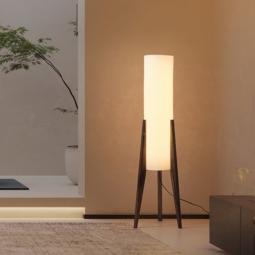 LED Tall Floor Lamp with Wooden Tripod and Cylindrical Fabric Shade With Table