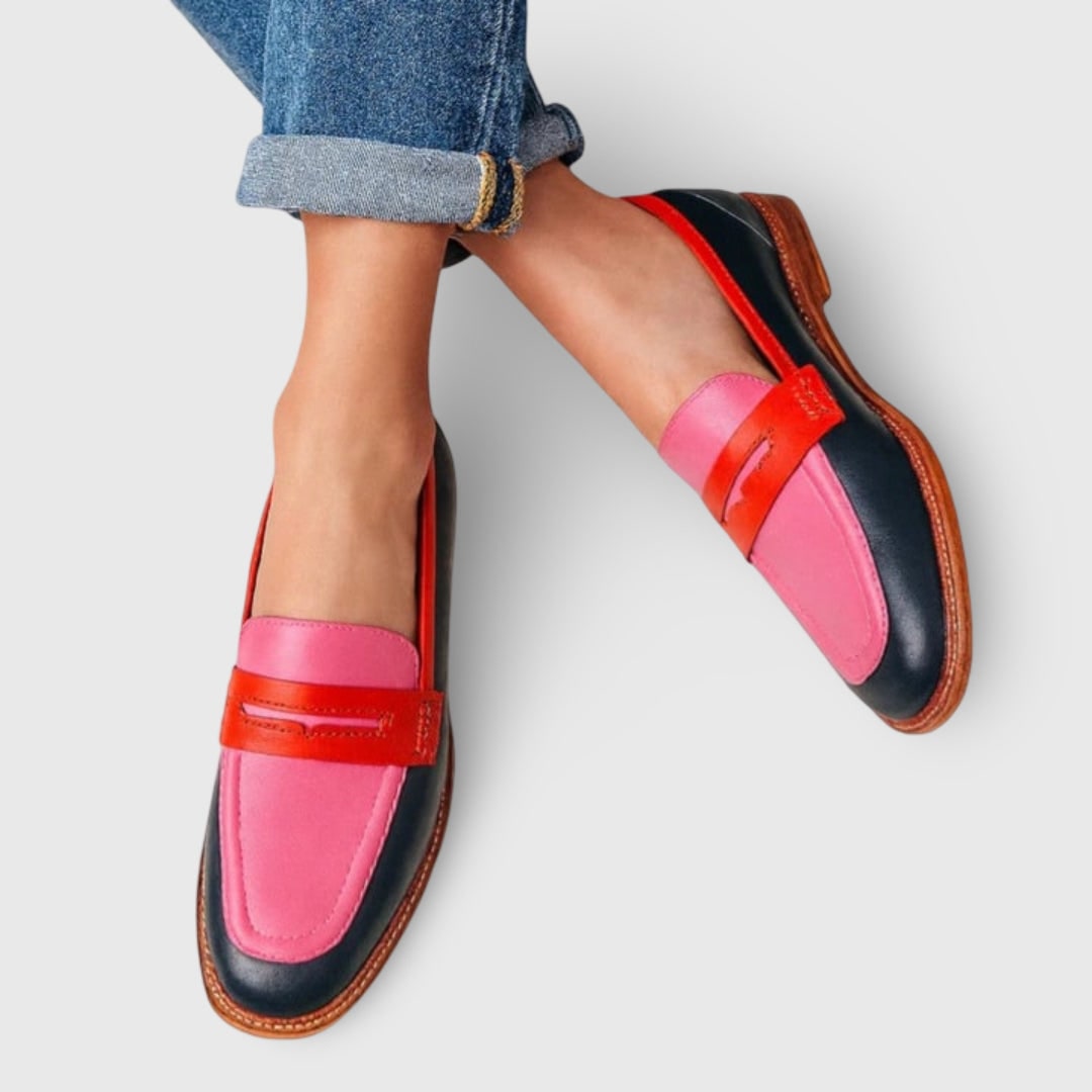Low Heel Casual Womens Penny Loafers with Colorblock Leather and Rounded Toe Slip-On