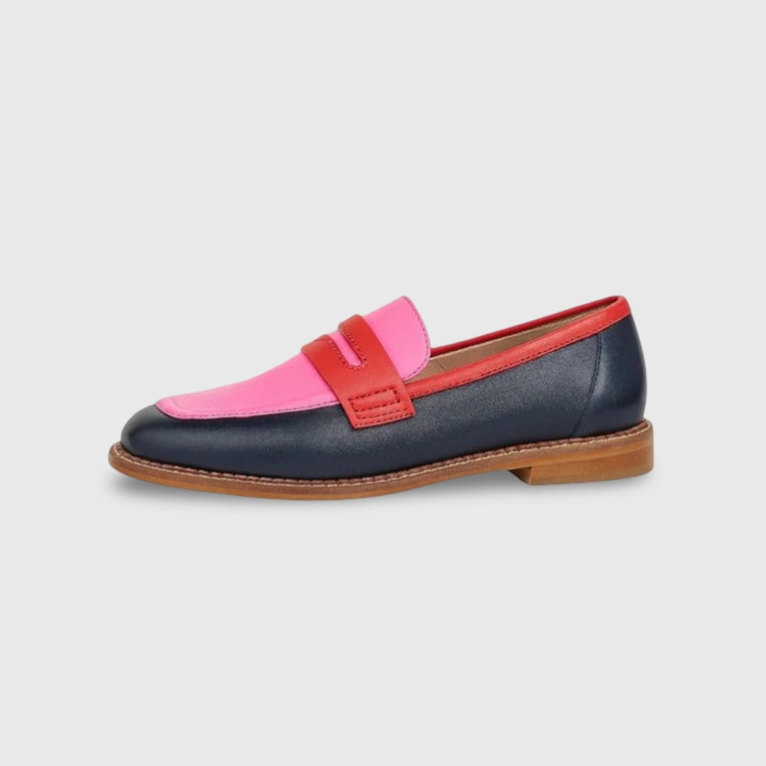 Low Heel Casual Womens Penny Loafers with Colorblock Leather and Rounded Toe Slip-On