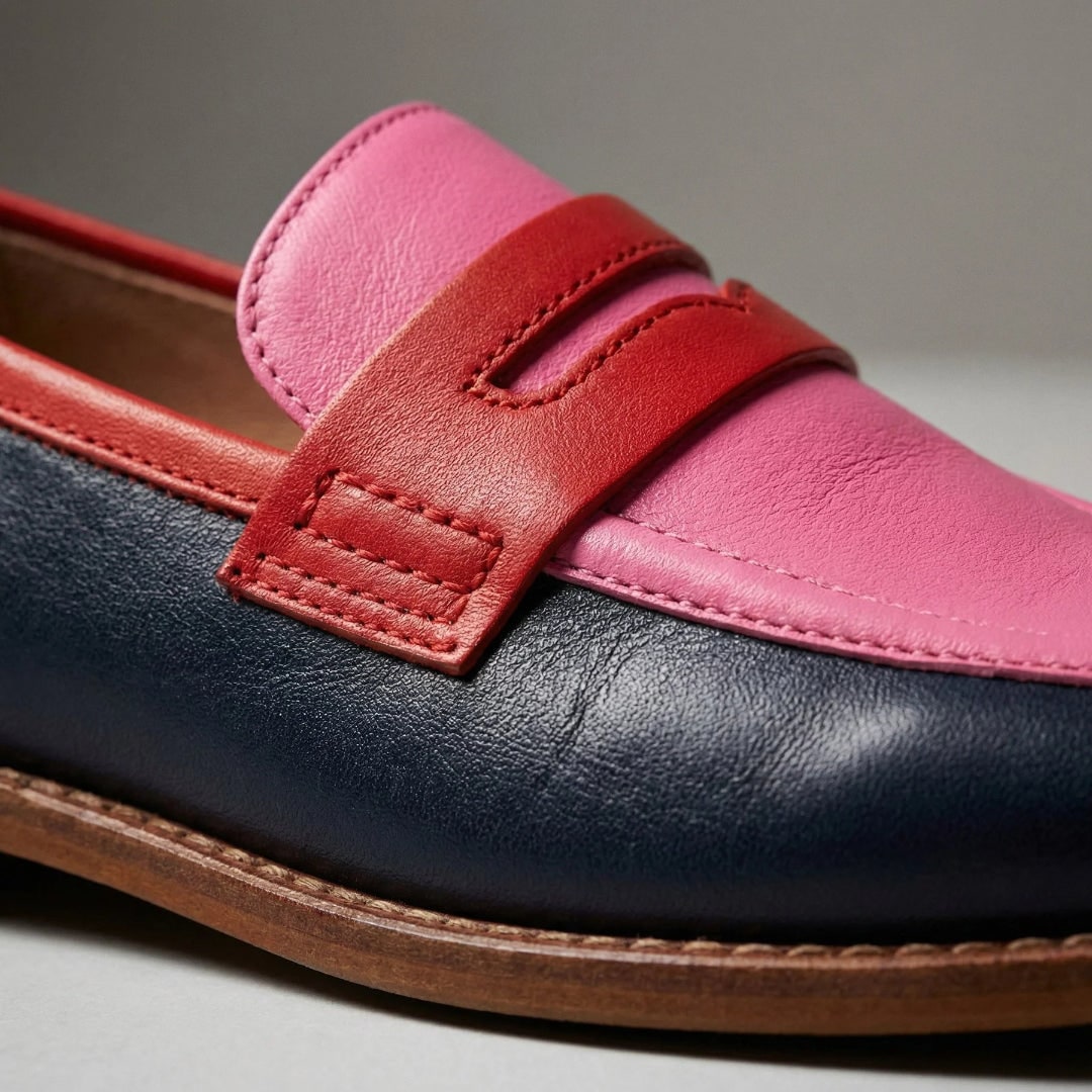 Low Heel Casual Womens Penny Loafers with Colorblock Leather and Rounded Toe Slip-On