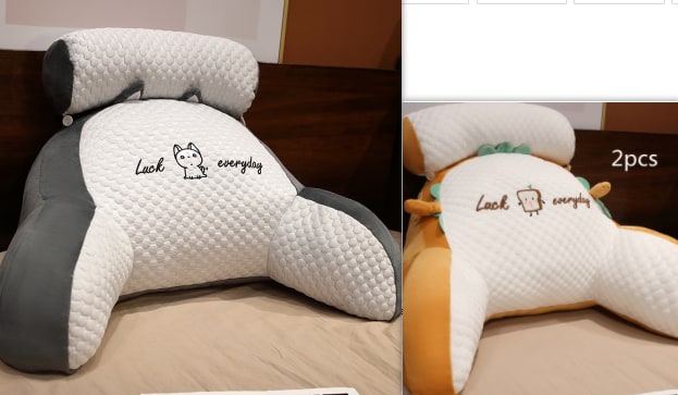 Lumbar Support Pillow with Reading Backrest Armrests and Detachable Neck Roll for Bed
