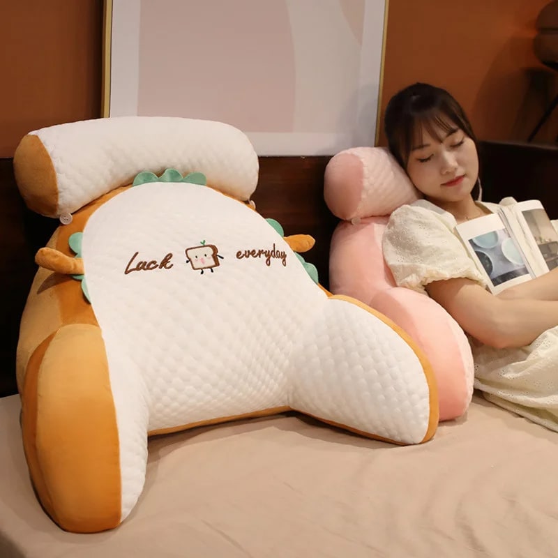 Lumbar Support Pillow with Reading Backrest Armrests and Detachable Neck Roll for Bed