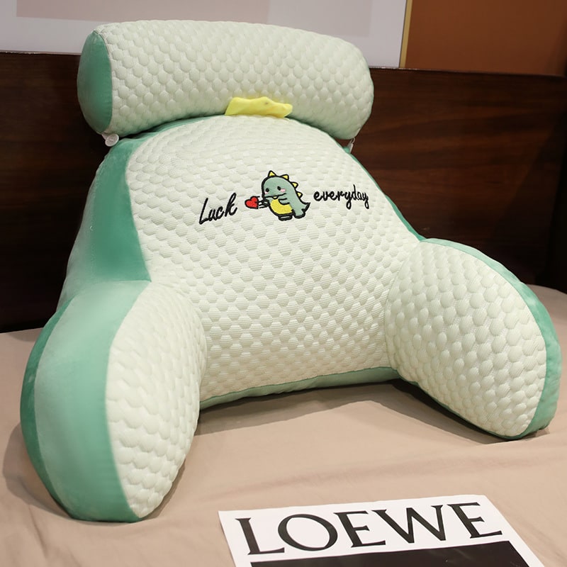 Lumbar Support Pillow with Reading Backrest Armrests and Detachable Neck Roll for Bed