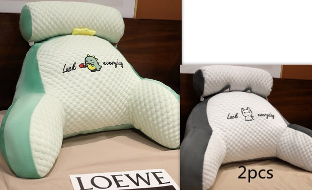 Lumbar Support Pillow with Reading Backrest Armrests and Detachable Neck Roll for Bed