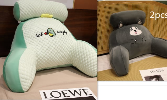 Lumbar Support Pillow with Reading Backrest Armrests and Detachable Neck Roll for Bed