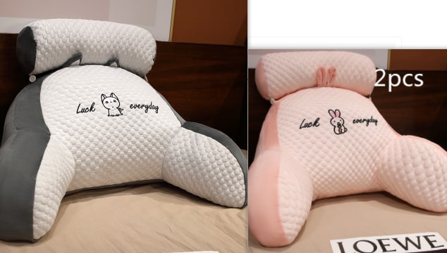 Lumbar Support Pillow with Reading Backrest Armrests and Detachable Neck Roll for Bed