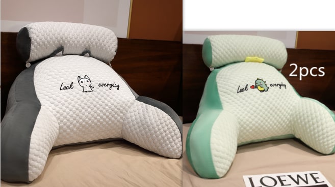 Lumbar Support Pillow with Reading Backrest Armrests and Detachable Neck Roll for Bed