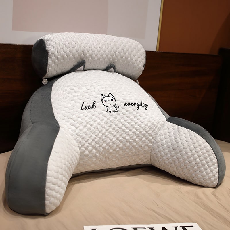 Lumbar Support Pillow with Reading Backrest Armrests and Detachable Neck Roll for Bed