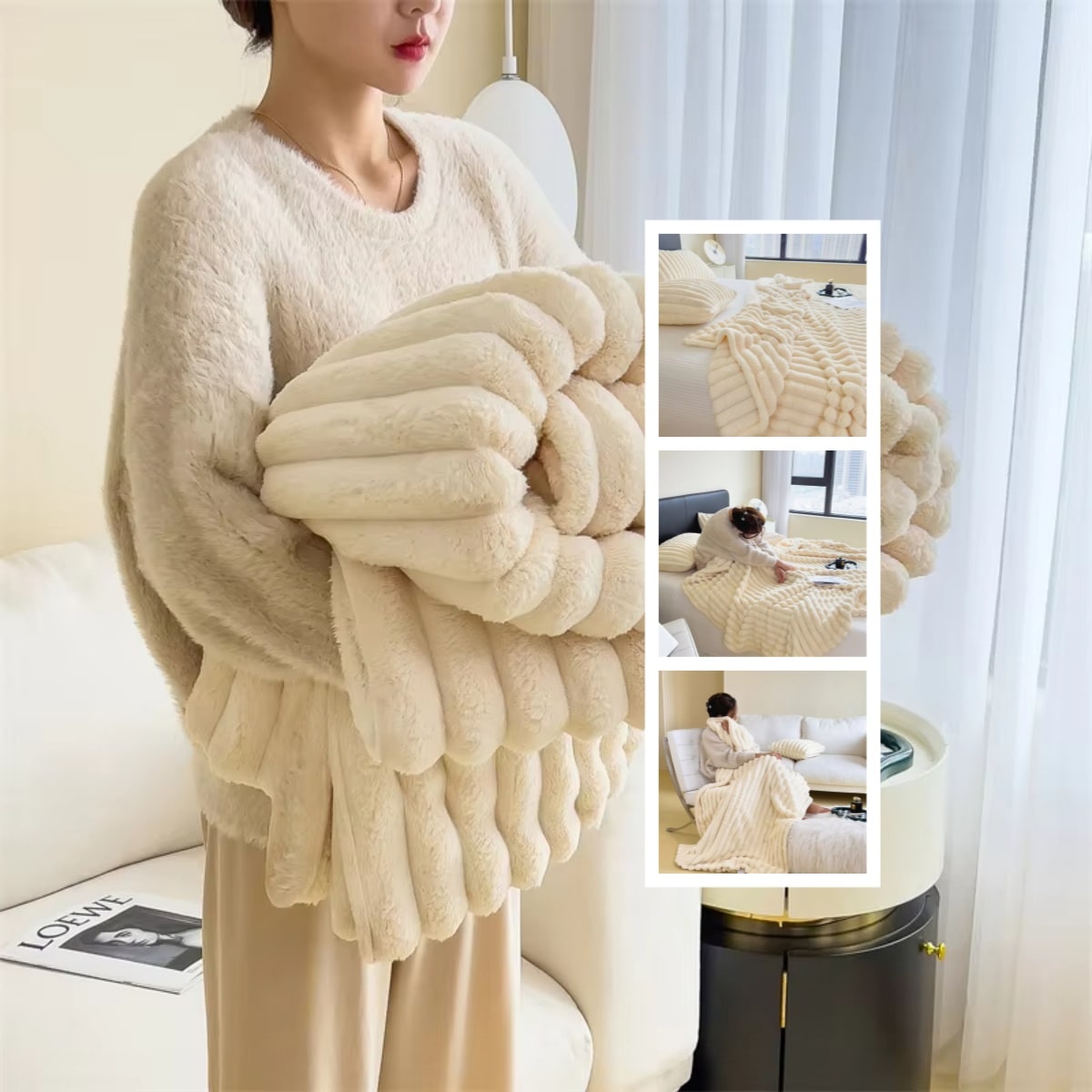 Luxury Faux Fur Throw Blanket with Double-Sided Plush Pile and Matching Pillowcase