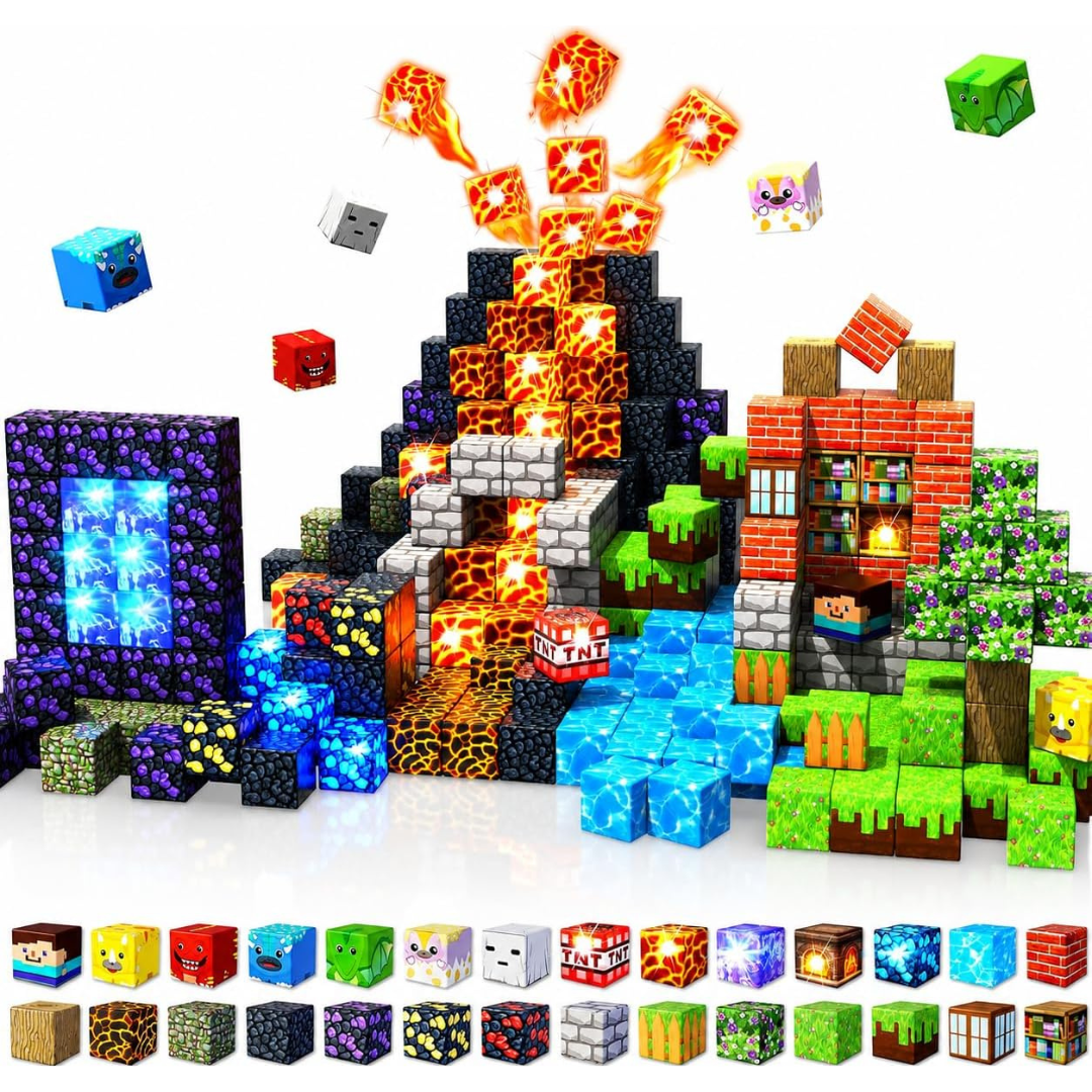 Magnetic Building Blocks and Cubes with Light-Up LED Pieces for Toys