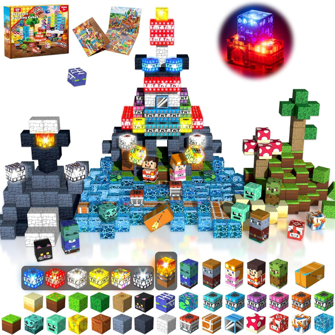 Magnetic Building Blocks and Cubes with Light-Up LED Pieces for Toys