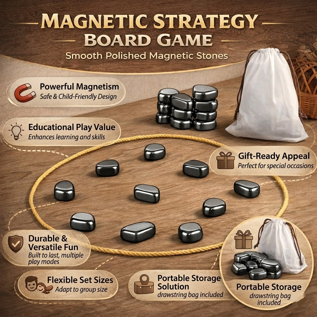 Magnetic Chess Game with Polished Stone Pieces and Portable Drawstring Bag Set