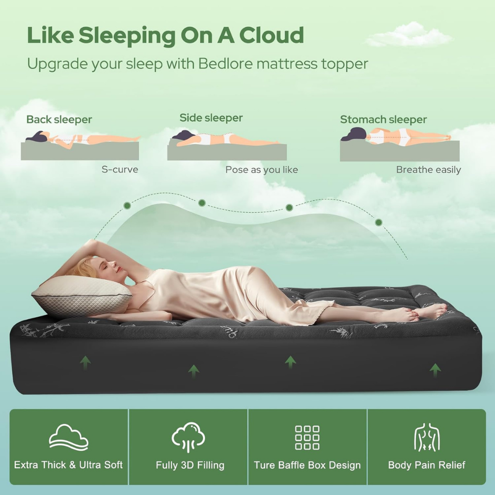 Mattress Topper Pad Quilted Pillowtop Bamboo Elastic Straps Protector Waterproof