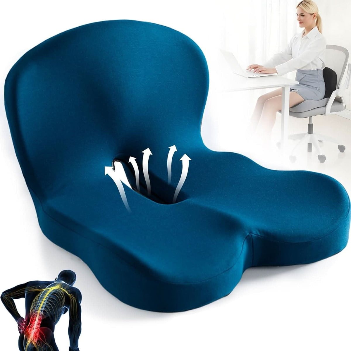 Memory Foam Seat Cushion Office Chair Ergonomic Contoured Lumbar Support Non Slip