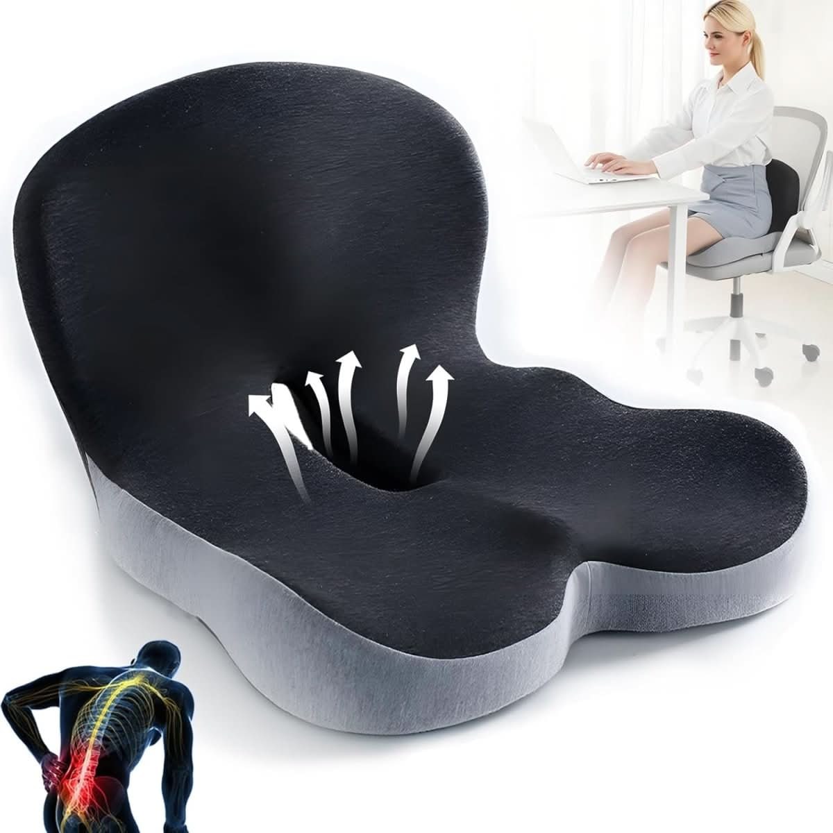 Memory Foam Seat Cushion Office Chair Ergonomic Contoured Lumbar Support Non Slip