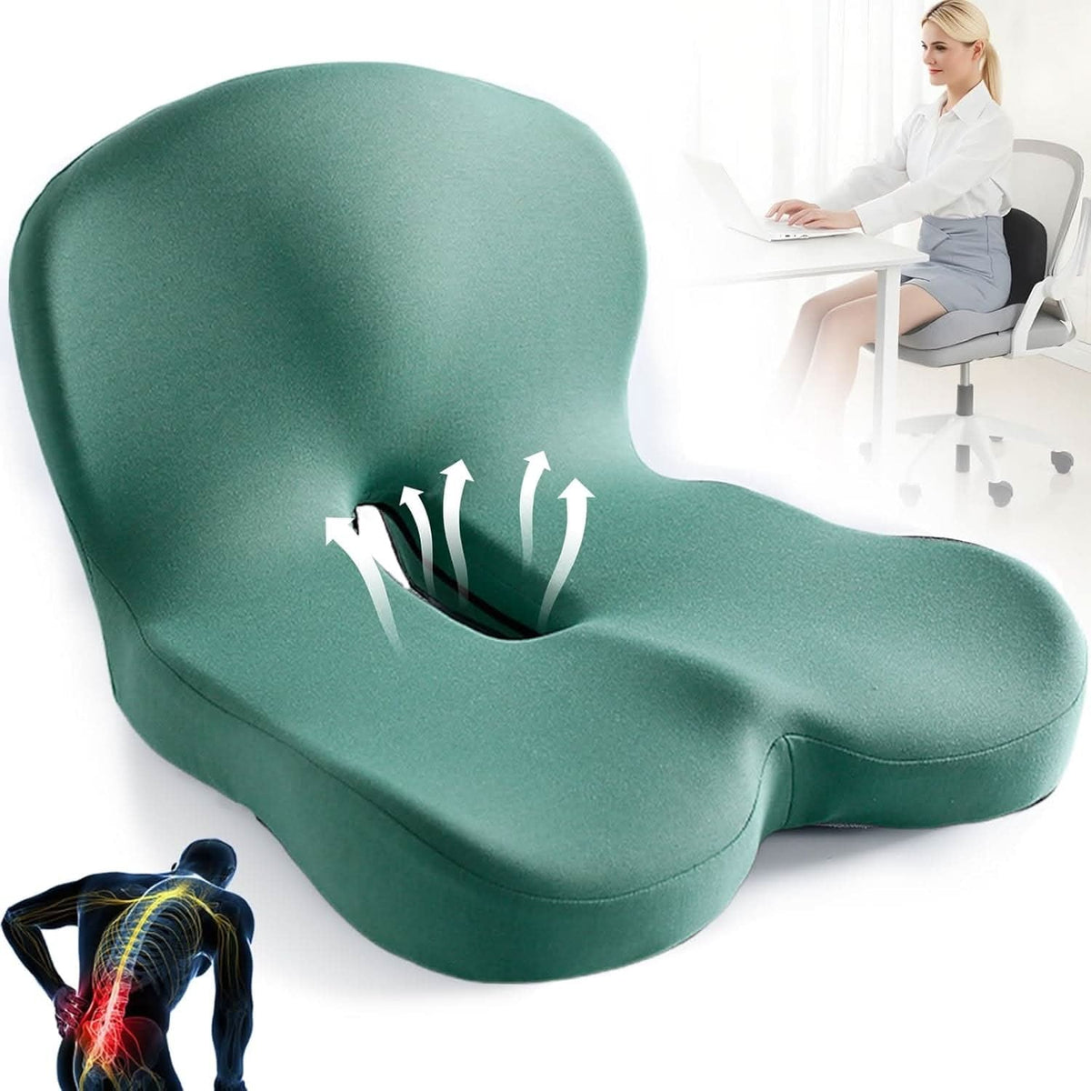 Memory Foam Seat Cushion Office Chair Ergonomic Contoured Lumbar Support Non Slip