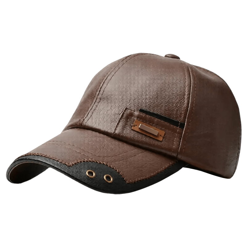 Mens Baseball Cap Leather Curved Brim Six Panel Stitched Faux