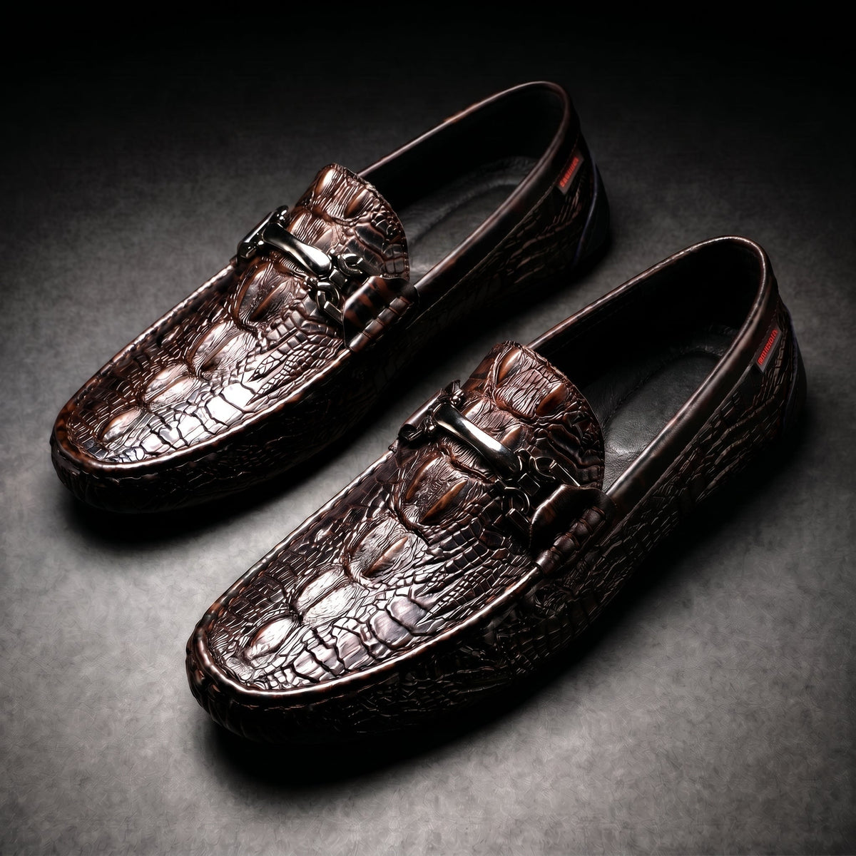 Men's Black Dress Shoes Loafers with Croc Embossed Leather and Metal Bit Detail
