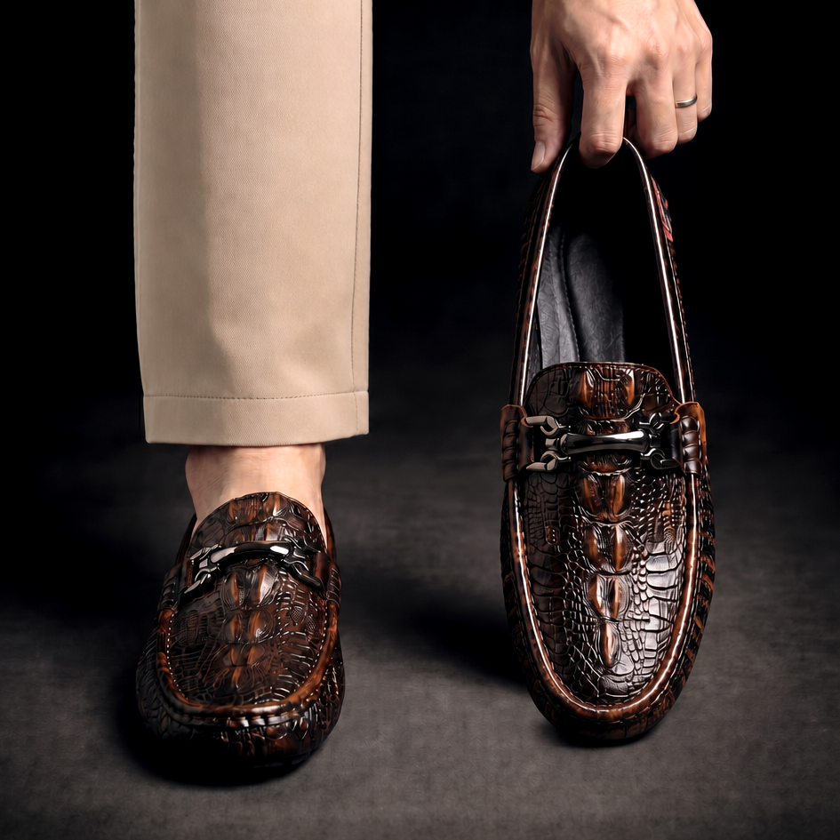 Men's Black Dress Shoes Loafers with Croc Embossed Leather and Metal Bit Detail