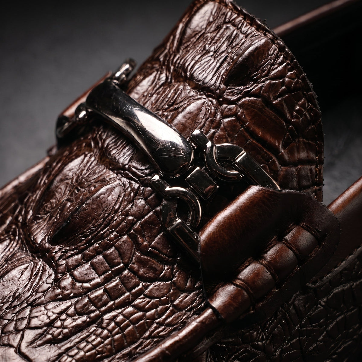 Men's Black Dress Shoes Loafers with Croc Embossed Leather and Metal Bit Detail