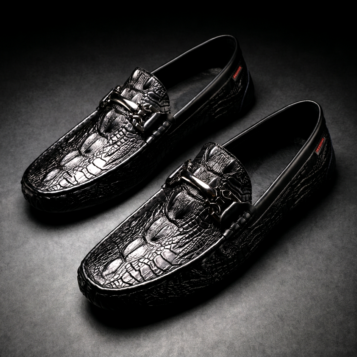 Men's Black Dress Shoes Loafers with Croc Embossed Leather and Metal Bit Detail