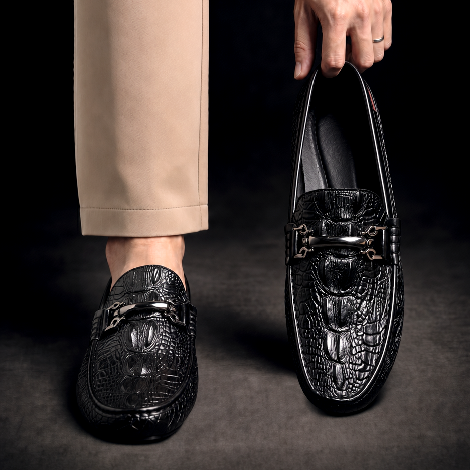 Men's Black Dress Shoes Loafers with Croc Embossed Leather and Metal Bit Detail