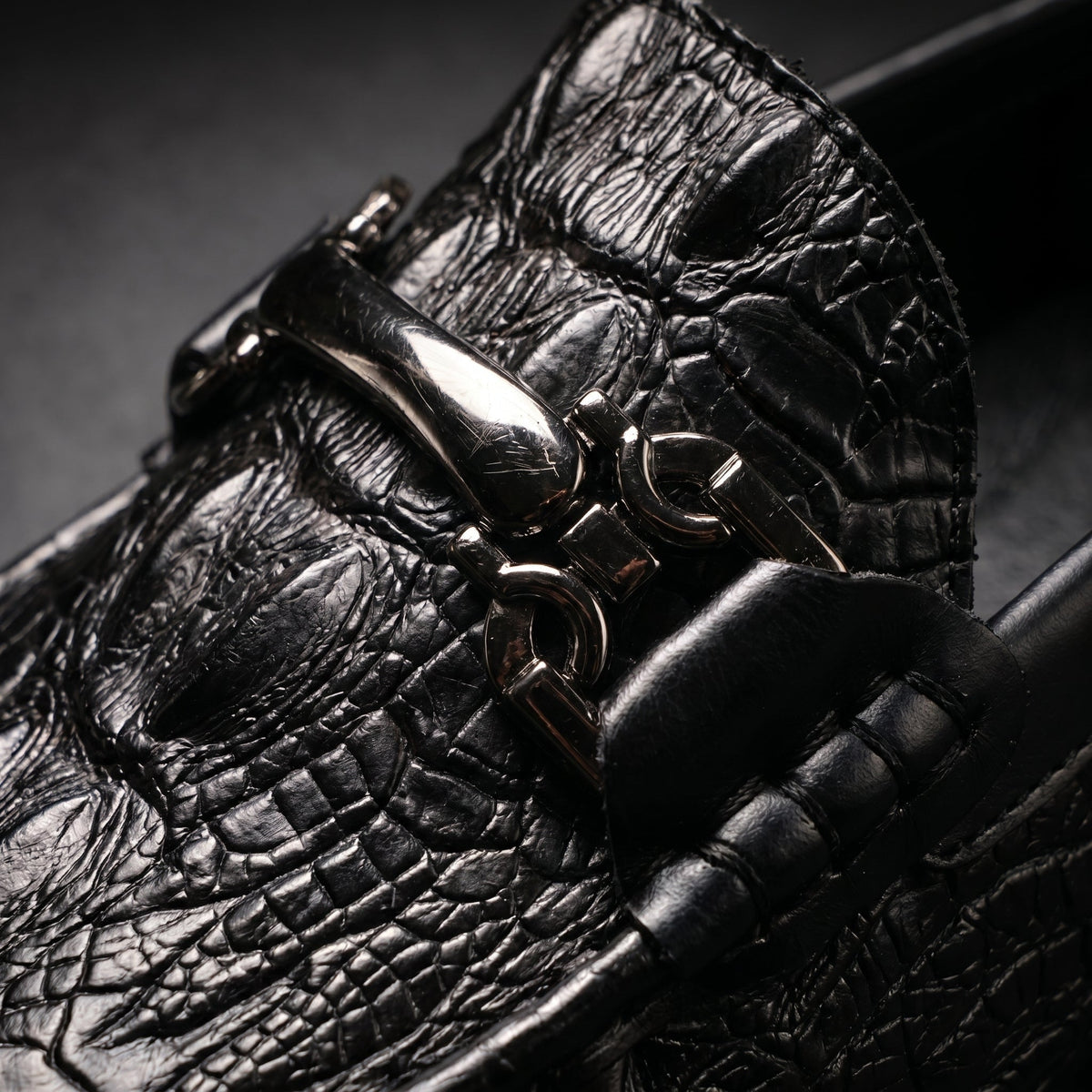 Men's Black Dress Shoes Loafers with Croc Embossed Leather and Metal Bit Detail