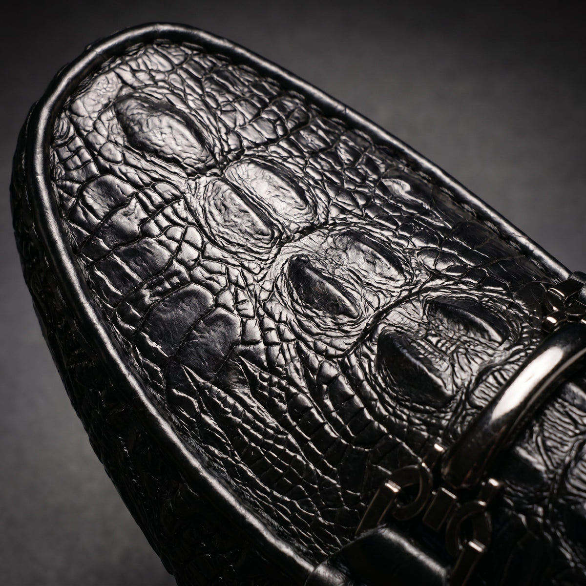 Men's Black Dress Shoes Loafers with Croc Embossed Leather and Metal Bit Detail