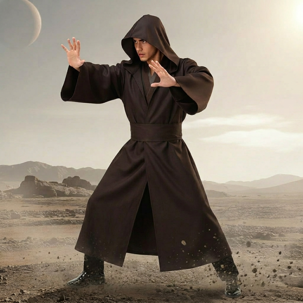 Men's Halloween Cosplay Jedi Costume with Hooded Robe Tunic Pants and Belt Set for Adults