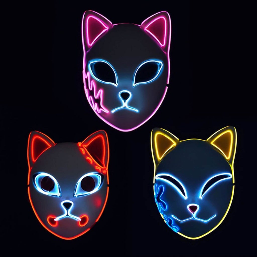 Men's Halloween LED Fox Kitsune Mask with Light-Up Japanese Demon Design for Cosplay Party Costume