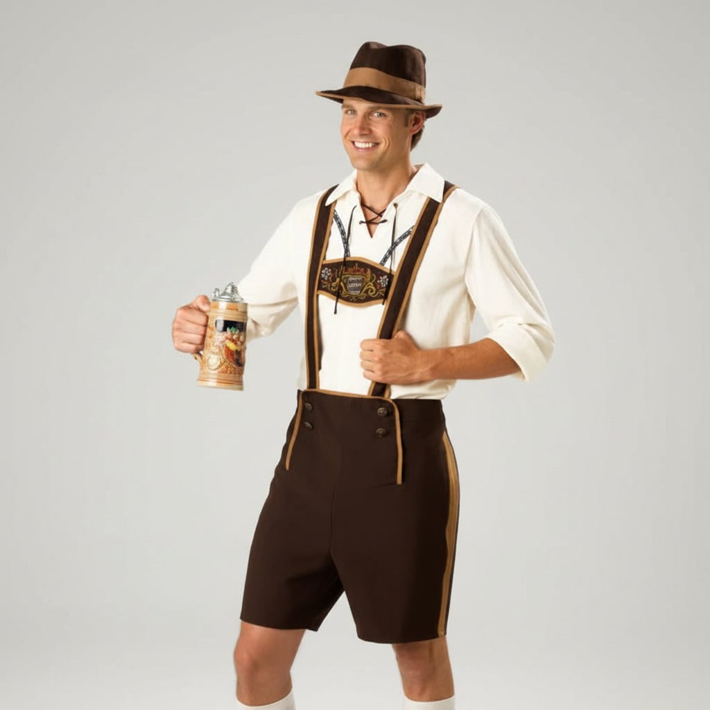 Men's Halloween Oktoberfest Costume Outfit with Lederhosen Dirndl Suspenders and Lace-Up Corset Bodice