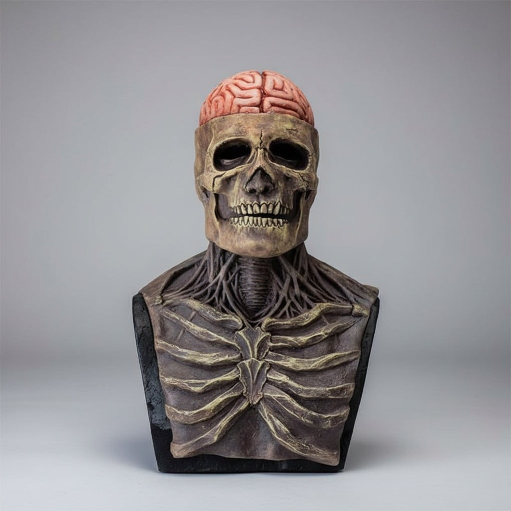Men's Halloween Skull Skeleton Mask with Exposed Brain and Ribcage Latex Full Head Creepy Costume