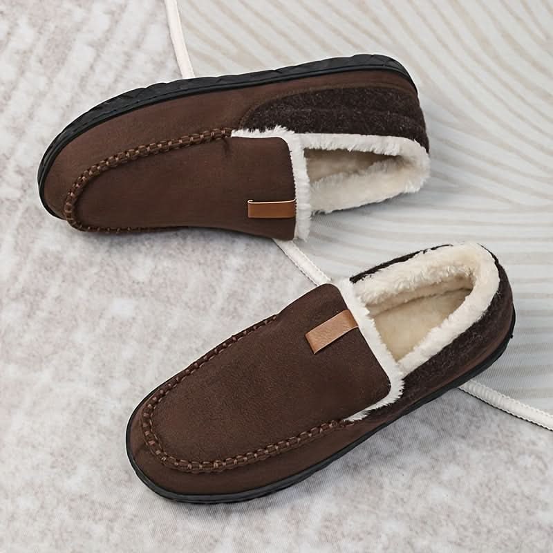 Mens House Slippers Moccasin Slip-On Fleece Rubber Sole Suede Warm