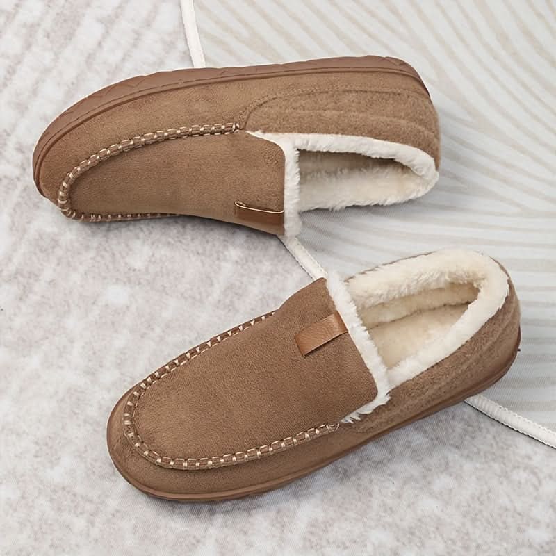 Mens House Slippers Moccasin Slip-On Fleece Rubber Sole Suede Warm