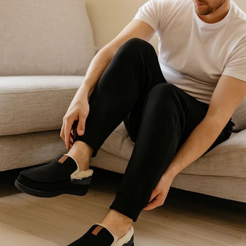 Mens House Slippers Moccasin Slip-On Fleece Rubber Sole Suede Warm