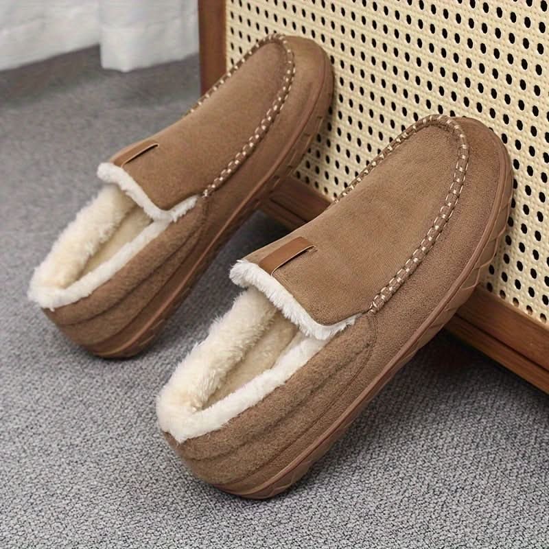 Mens House Slippers Moccasin Slip-On Fleece Rubber Sole Suede Warm