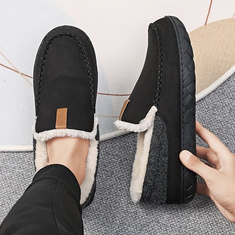 Mens House Slippers Moccasin Slip-On Fleece Rubber Sole Suede Warm