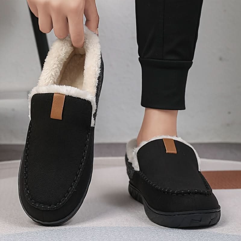 Mens House Slippers Moccasin Slip-On Fleece Rubber Sole Suede Warm