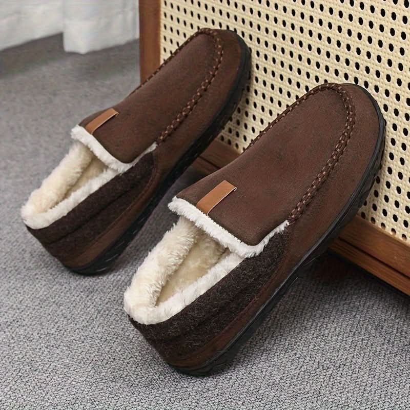 Mens House Slippers Moccasin Slip-On Fleece Rubber Sole Suede Warm