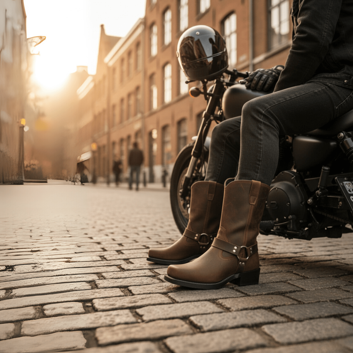 Mens Motorcycle Harness Boots Square Toe Leather Studs Pull