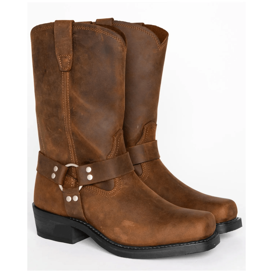 Mens Motorcycle Harness Boots Square Toe Leather Studs Pull